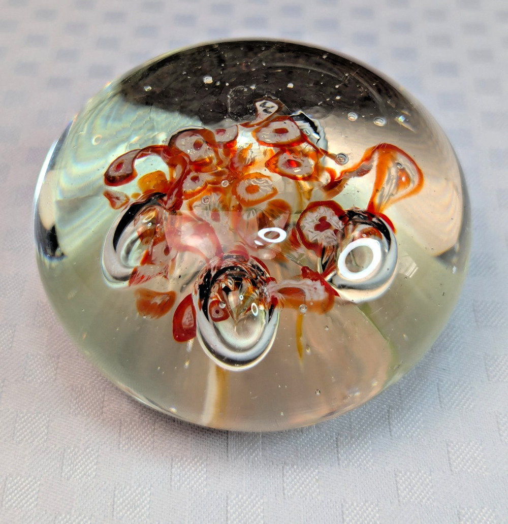 Vintage Murano Style Millefiori Art Glass Paperweight Orange Floral Canes